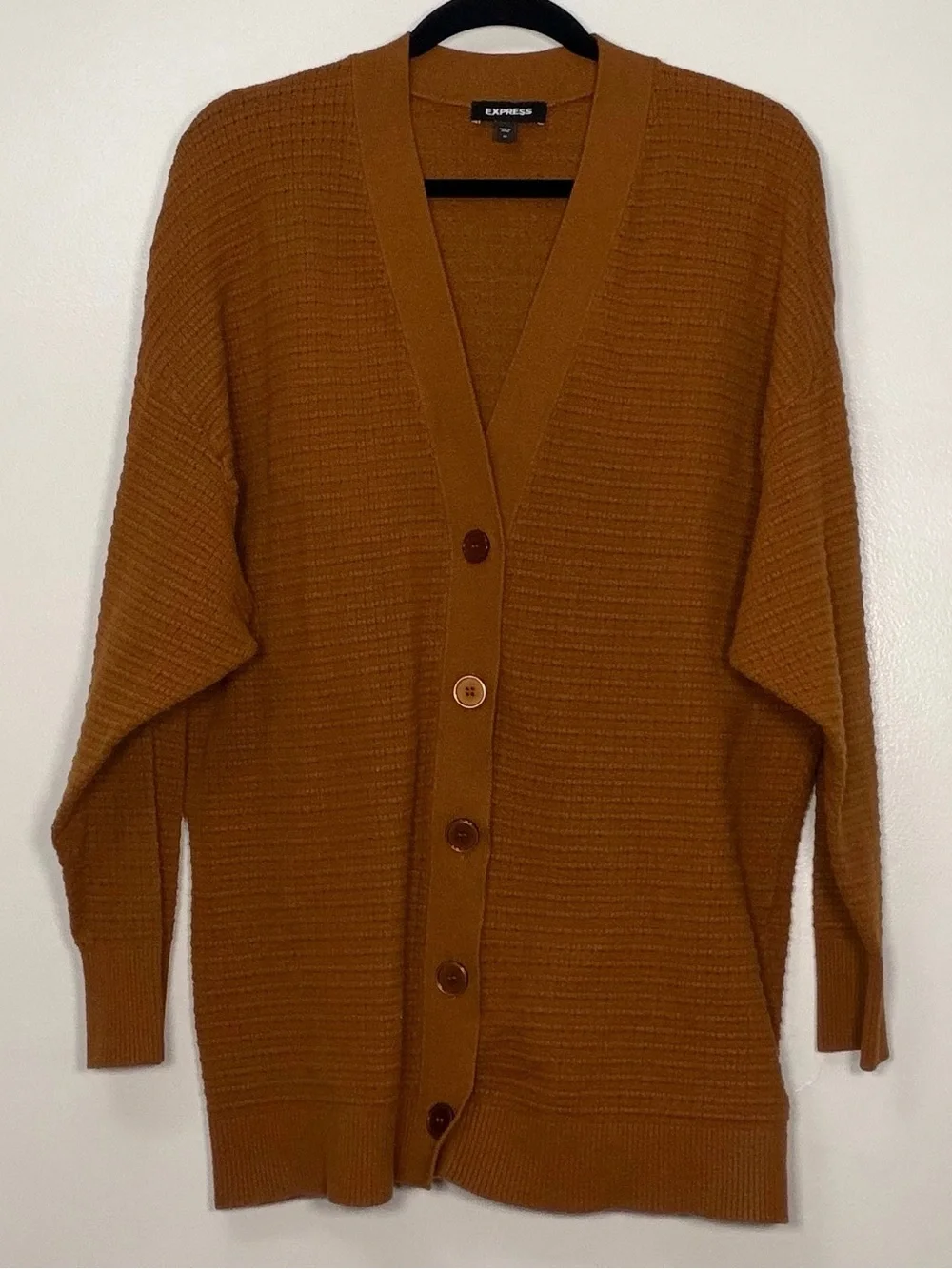 Express Women's Burnt Orange Button-Front Ribbed Cardigan
